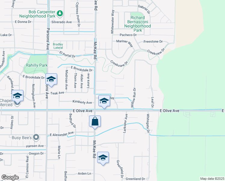 map of restaurants, bars, coffee shops, grocery stores, and more near 3197 Wooddale Avenue in Merced