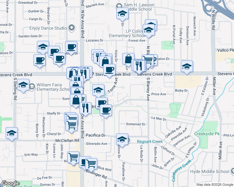 map of restaurants, bars, coffee shops, grocery stores, and more near 10203 Nile Drive in Cupertino