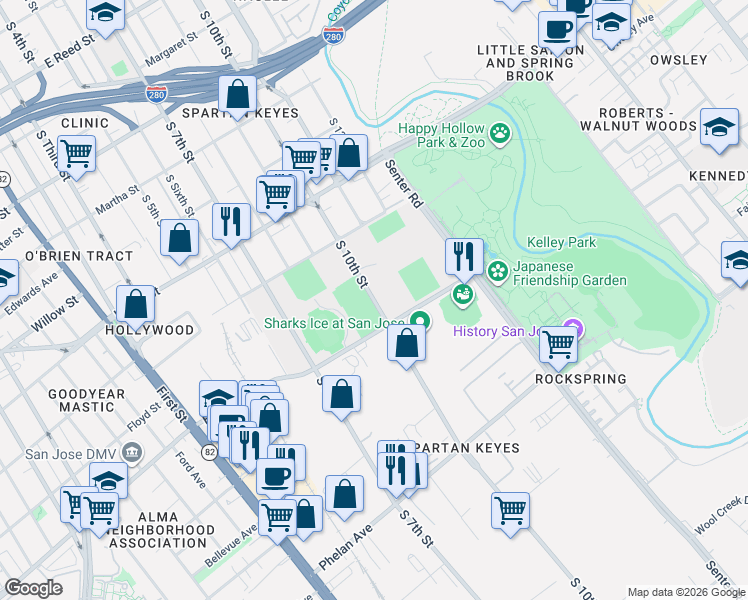 map of restaurants, bars, coffee shops, grocery stores, and more near South 10th Street in San Jose