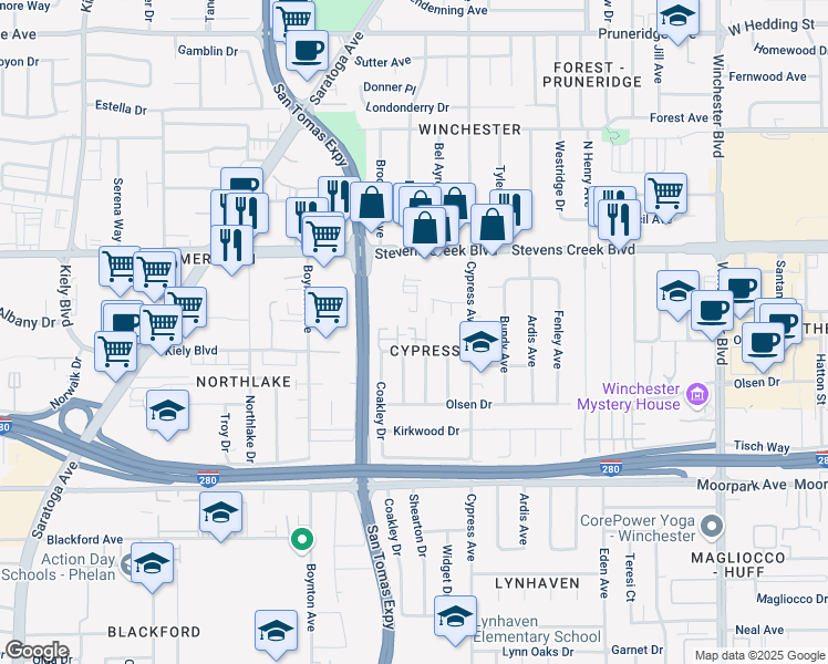 map of restaurants, bars, coffee shops, grocery stores, and more near 3568 Judro Way in San Jose