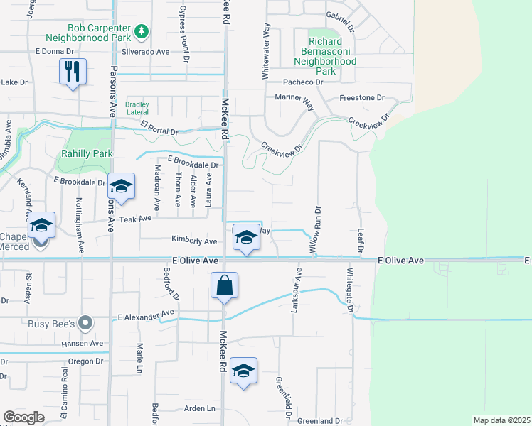 map of restaurants, bars, coffee shops, grocery stores, and more near 3197 Wooddale Avenue in Merced