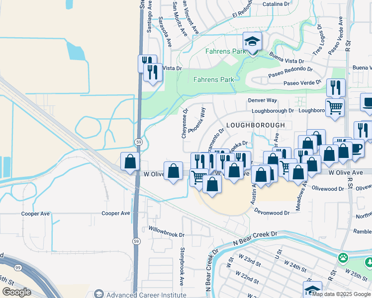 map of restaurants, bars, coffee shops, grocery stores, and more near 1849 Salem Court in Merced