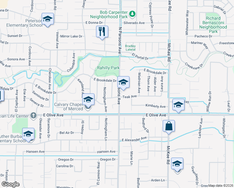 map of restaurants, bars, coffee shops, grocery stores, and more near 3205 Parsons Avenue in Merced