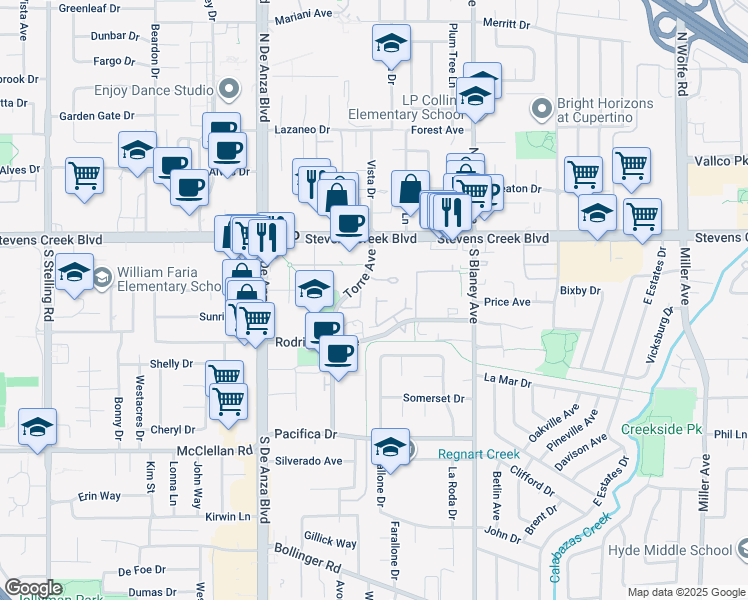 map of restaurants, bars, coffee shops, grocery stores, and more near 10203 Nile Drive in Cupertino