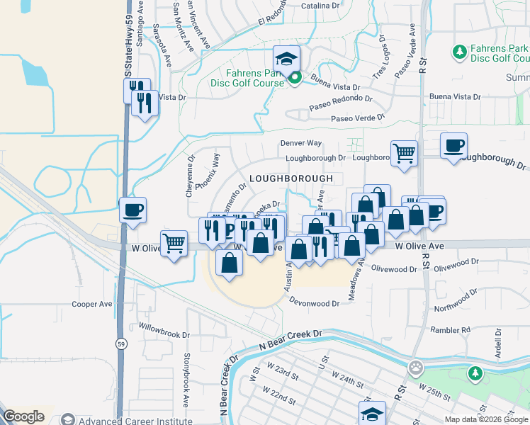 map of restaurants, bars, coffee shops, grocery stores, and more near 3184 Topeka Drive in Merced