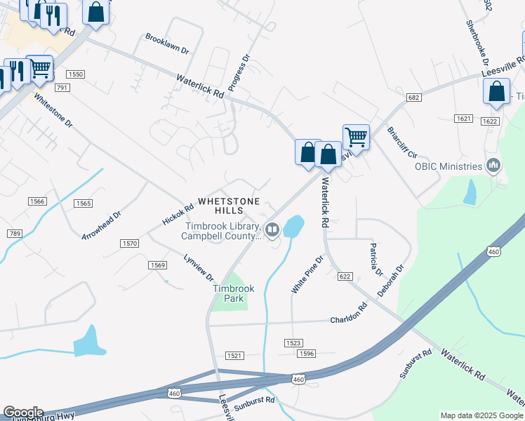 map of restaurants, bars, coffee shops, grocery stores, and more near 18932 Leesville Road in Lynchburg