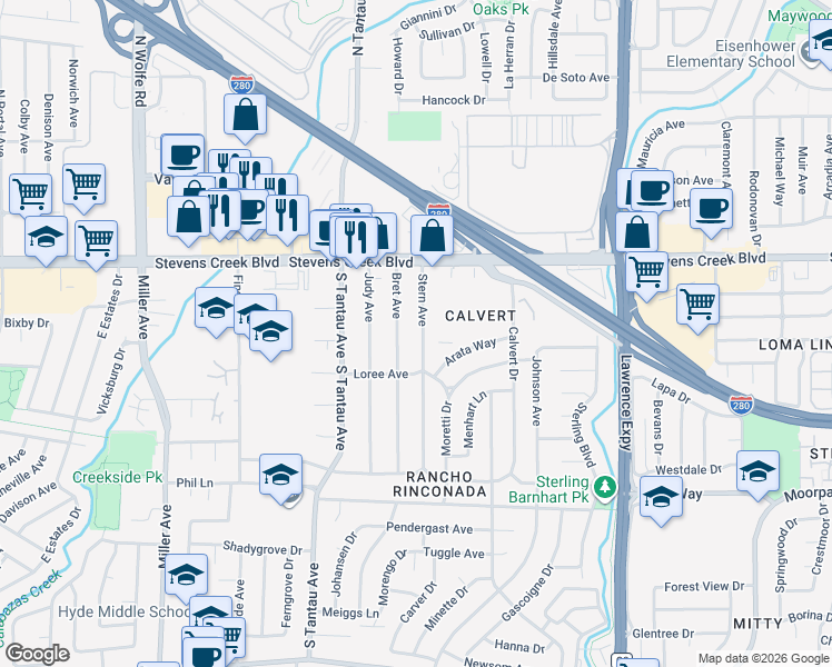 map of restaurants, bars, coffee shops, grocery stores, and more near 10161 Stern Avenue in Cupertino