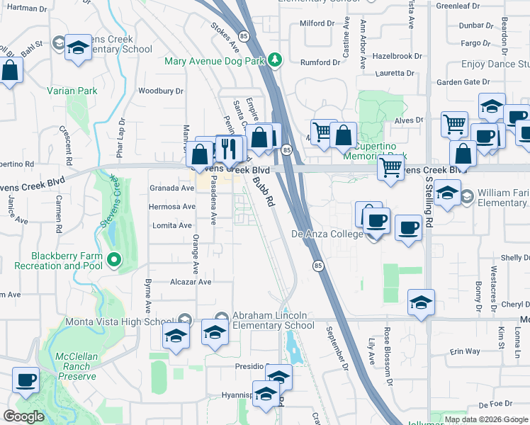 map of restaurants, bars, coffee shops, grocery stores, and more near 10061 Bubb Road in Cupertino