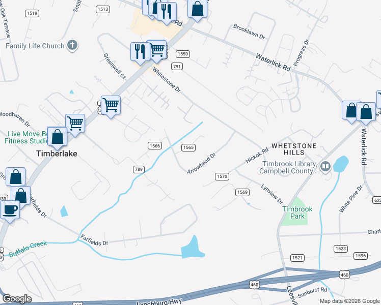 map of restaurants, bars, coffee shops, grocery stores, and more near 88 Dogwood Place in Lynchburg