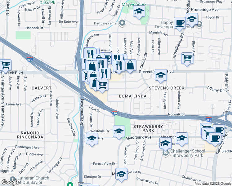 map of restaurants, bars, coffee shops, grocery stores, and more near 5009 Rio Vista Avenue in San Jose