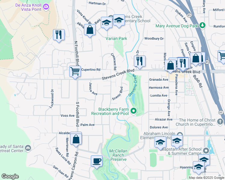map of restaurants, bars, coffee shops, grocery stores, and more near 10150 Carmen Road in Cupertino