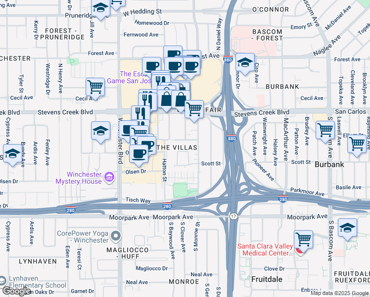 map of restaurants, bars, coffee shops, grocery stores, and more near 560 Villa Centre Way in San Jose