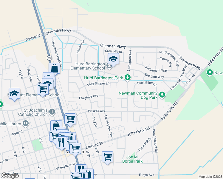 map of restaurants, bars, coffee shops, grocery stores, and more near 530 Lady Slipper Lane in Newman