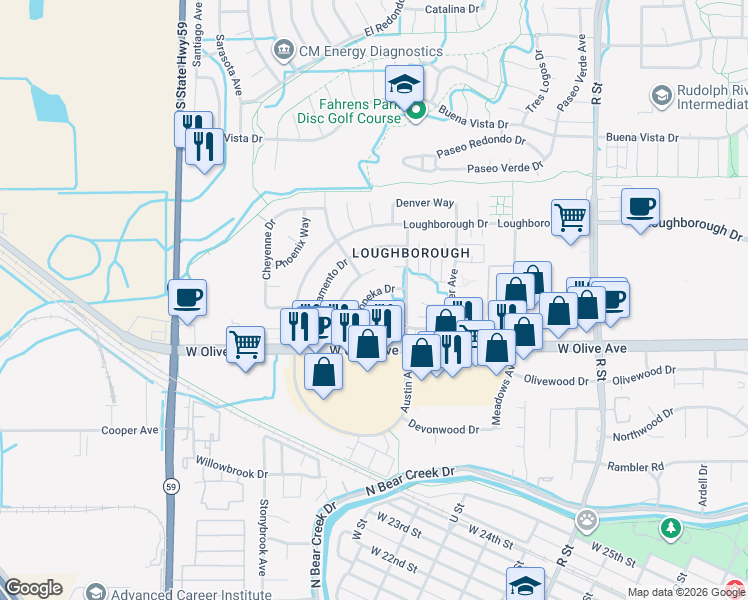 map of restaurants, bars, coffee shops, grocery stores, and more near 3184 Topeka Drive in Merced