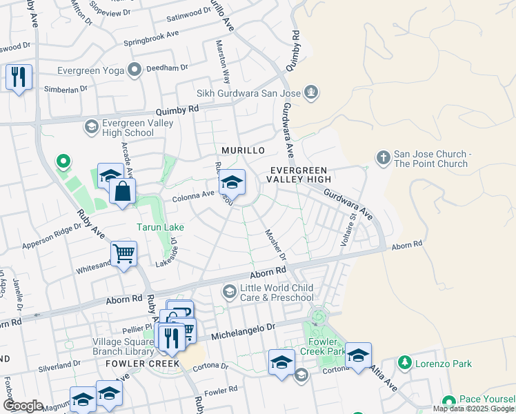 map of restaurants, bars, coffee shops, grocery stores, and more near 3823 Mosher Drive in San Jose