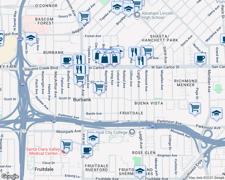 map of restaurants, bars, coffee shops, grocery stores, and more near 412 Irving Avenue in San Jose