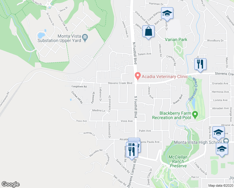 map of restaurants, bars, coffee shops, grocery stores, and more near 22638 Stevens Creek Boulevard in Cupertino