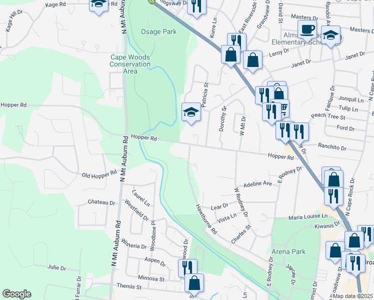 map of restaurants, bars, coffee shops, grocery stores, and more near 937 Hawthorne Road in Cape Girardeau