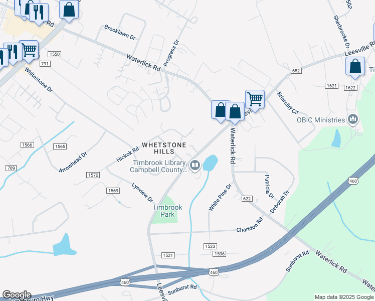 map of restaurants, bars, coffee shops, grocery stores, and more near 18932 Leesville Road in Lynchburg