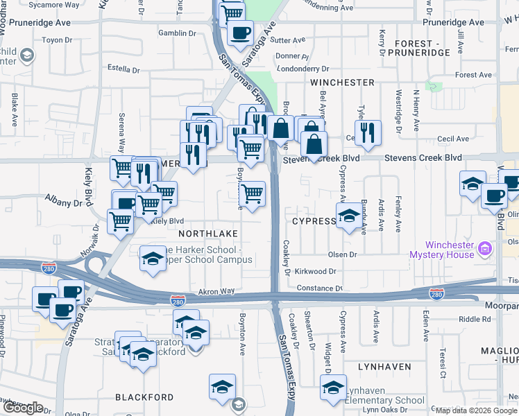 map of restaurants, bars, coffee shops, grocery stores, and more near 394 Boynton Avenue in San Jose