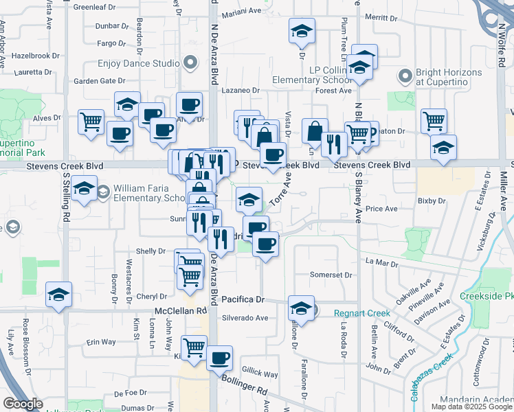 map of restaurants, bars, coffee shops, grocery stores, and more near 10201 Torre Avenue in Cupertino