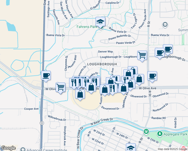map of restaurants, bars, coffee shops, grocery stores, and more near 1658 Topeka Drive in Merced