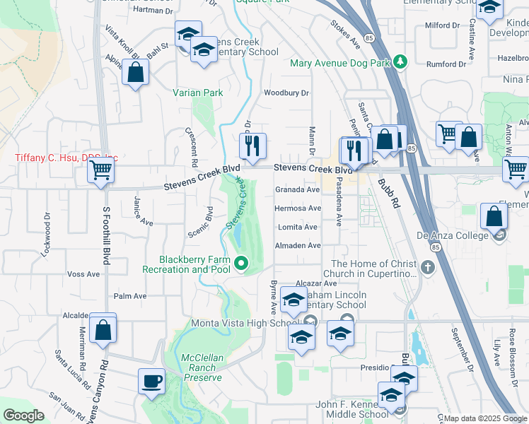 map of restaurants, bars, coffee shops, grocery stores, and more near 10139 Byrne Avenue in Cupertino