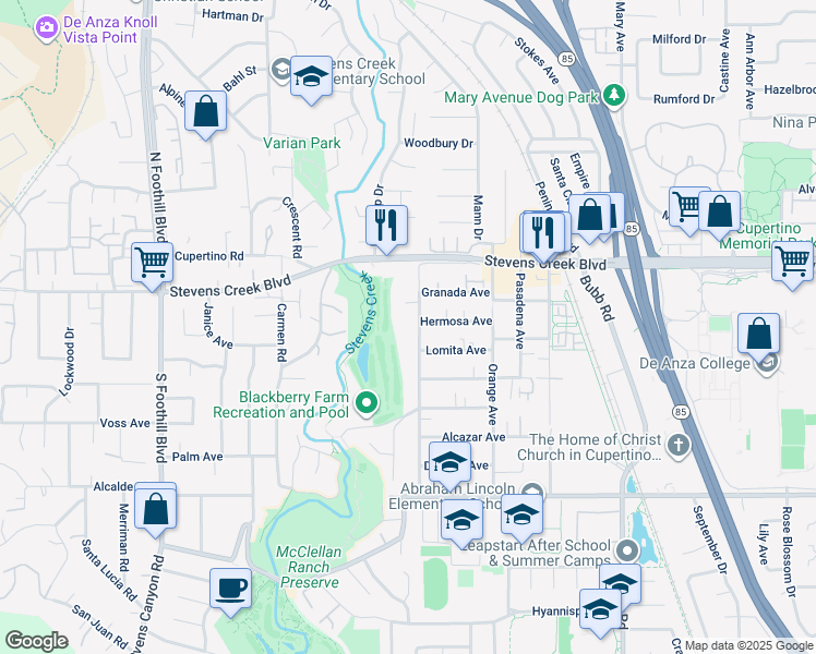 map of restaurants, bars, coffee shops, grocery stores, and more near 10139 Byrne Avenue in Cupertino