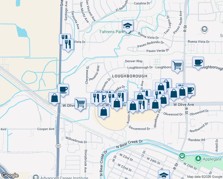 map of restaurants, bars, coffee shops, grocery stores, and more near 3258 Sacramento Drive in Merced