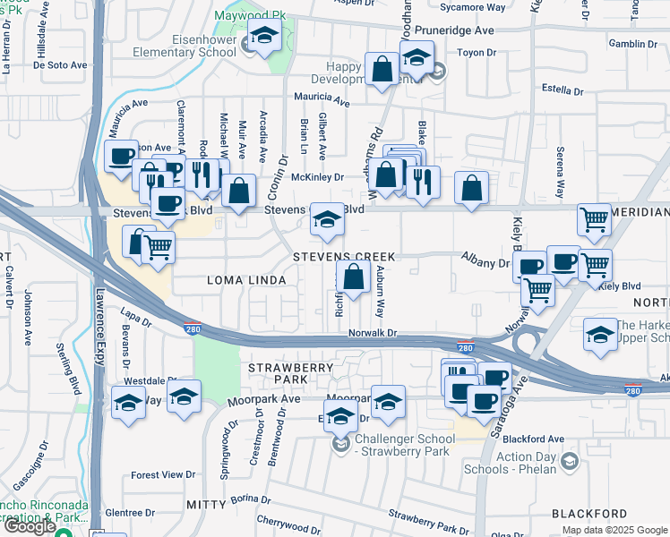 map of restaurants, bars, coffee shops, grocery stores, and more near 225 Richfield Drive in San Jose