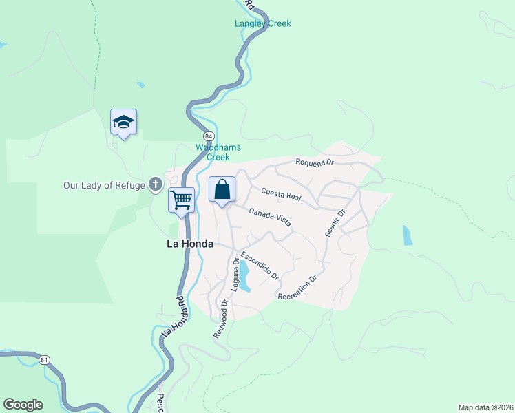map of restaurants, bars, coffee shops, grocery stores, and more near 210 Cuesta Real in La Honda