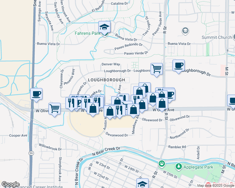 map of restaurants, bars, coffee shops, grocery stores, and more near 1405 Madison Court in Merced