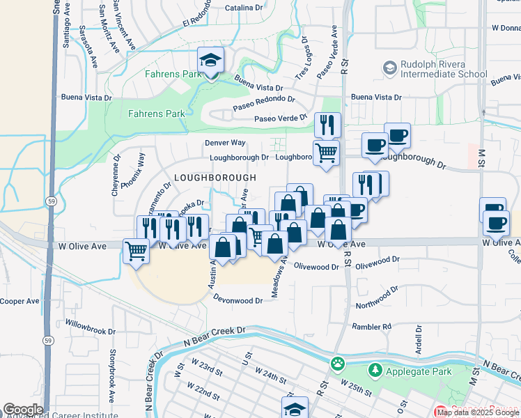 map of restaurants, bars, coffee shops, grocery stores, and more near 1313 Frankfort Court in Merced