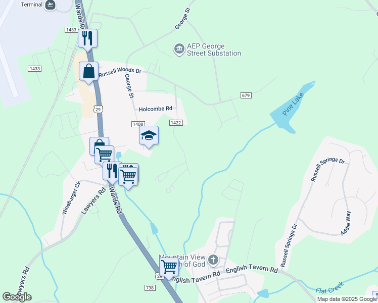 map of restaurants, bars, coffee shops, grocery stores, and more near 316 Hopkins Road in Lynchburg