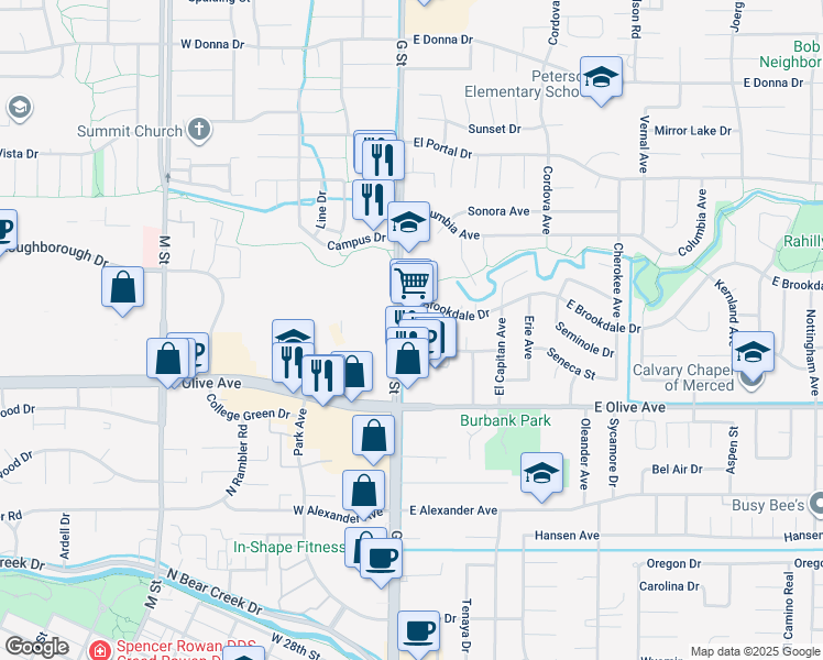 map of restaurants, bars, coffee shops, grocery stores, and more near 3200 G Street in Merced