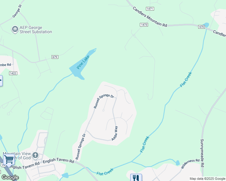 map of restaurants, bars, coffee shops, grocery stores, and more near 580 Addie Way in Lynchburg