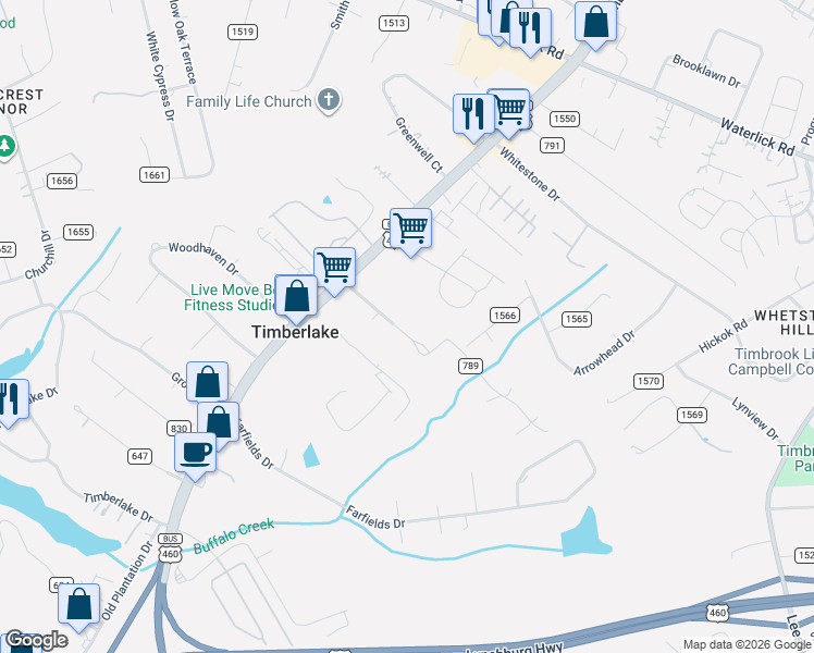 map of restaurants, bars, coffee shops, grocery stores, and more near 174 Lake Court Avenue in Lynchburg