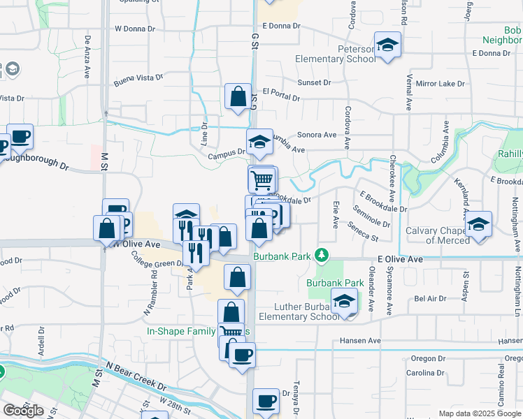 map of restaurants, bars, coffee shops, grocery stores, and more near 3200 G Street in Merced