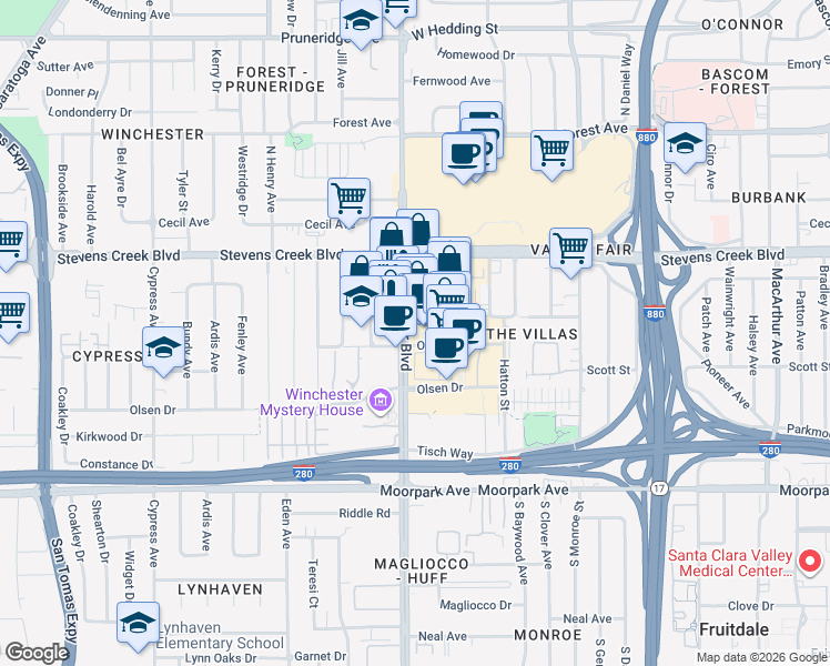 map of restaurants, bars, coffee shops, grocery stores, and more near 362-392 Winchester Boulevard in San Jose