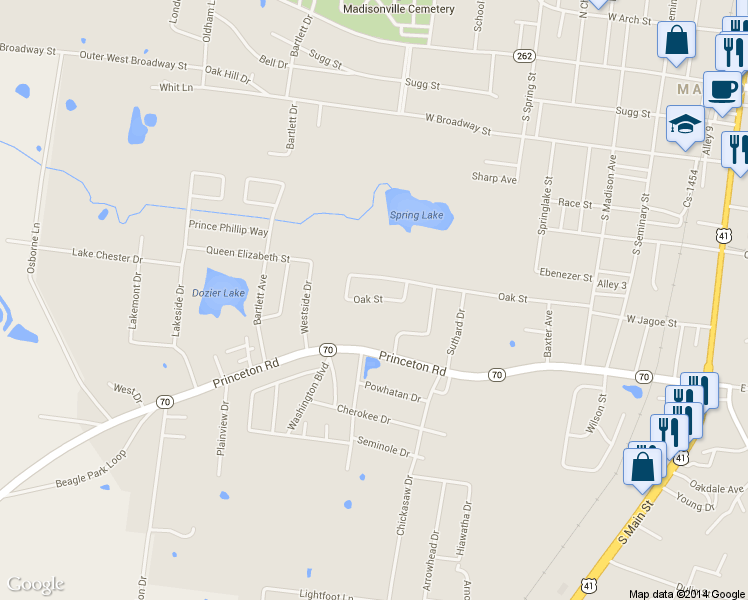 map of restaurants, bars, coffee shops, grocery stores, and more near 713 Oak Street in Madisonville