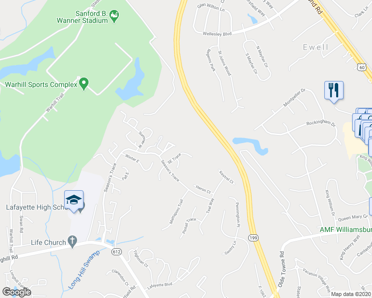map of restaurants, bars, coffee shops, grocery stores, and more near 114 Southeast Trace in Williamsburg