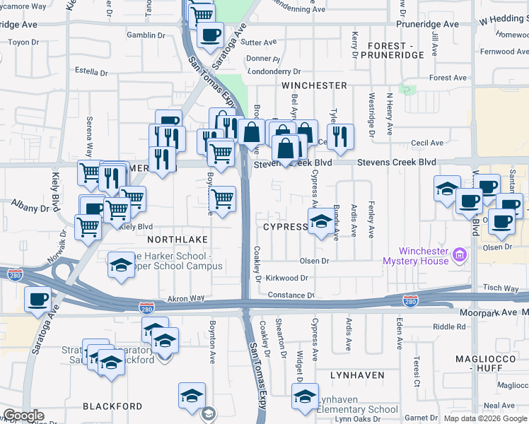 map of restaurants, bars, coffee shops, grocery stores, and more near 556 Quail Bush Court in San Jose