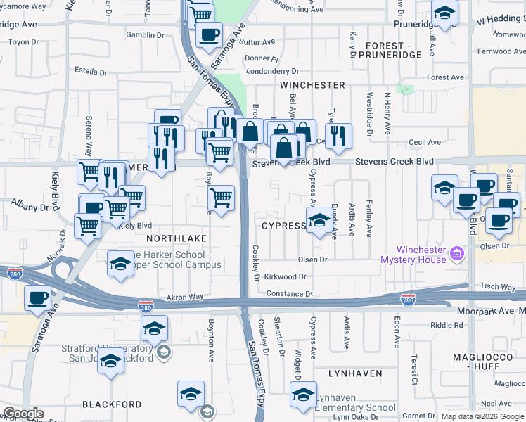 map of restaurants, bars, coffee shops, grocery stores, and more near 556 Quail Bush Court in San Jose