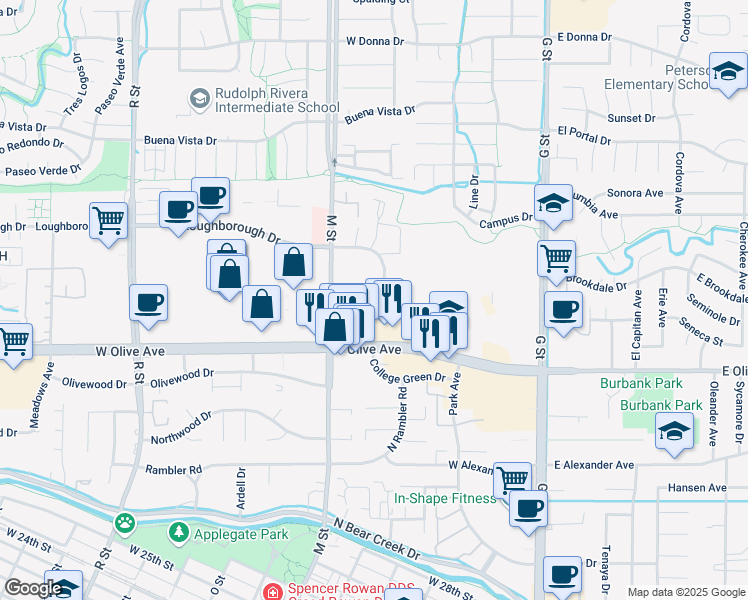 map of restaurants, bars, coffee shops, grocery stores, and more near 2257 Collins Drive in Merced