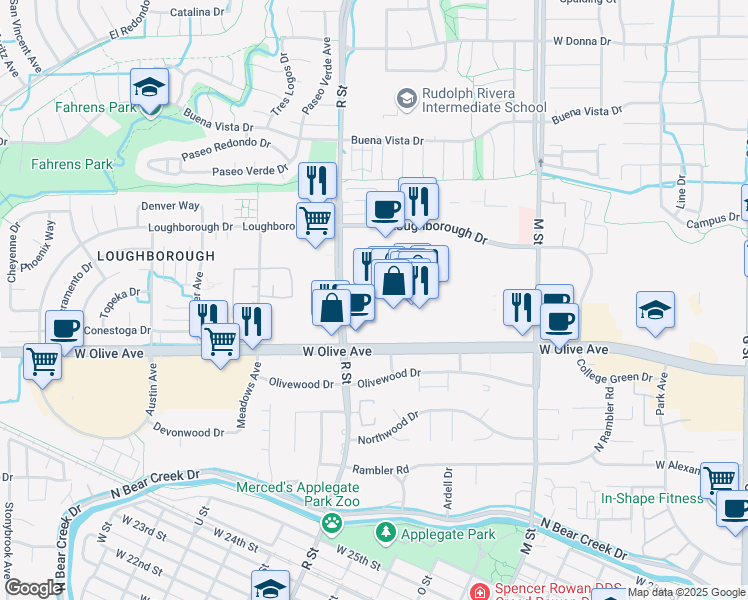 map of restaurants, bars, coffee shops, grocery stores, and more near 1011 West Olive Avenue in Merced