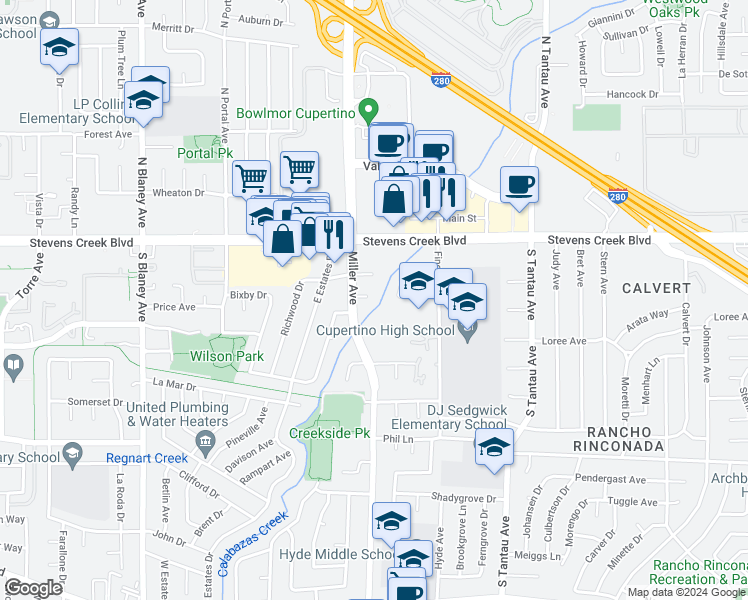 map of restaurants, bars, coffee shops, grocery stores, and more near 19462 Rosemarie Place in Cupertino