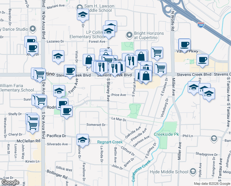 map of restaurants, bars, coffee shops, grocery stores, and more near 10109 Mello Place in Cupertino
