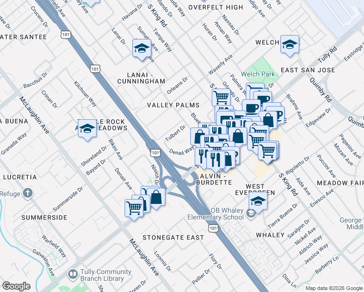 map of restaurants, bars, coffee shops, grocery stores, and more near 2347 Tolbert Court in San Jose
