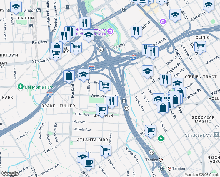 map of restaurants, bars, coffee shops, grocery stores, and more near 378 Brown Street in San Jose