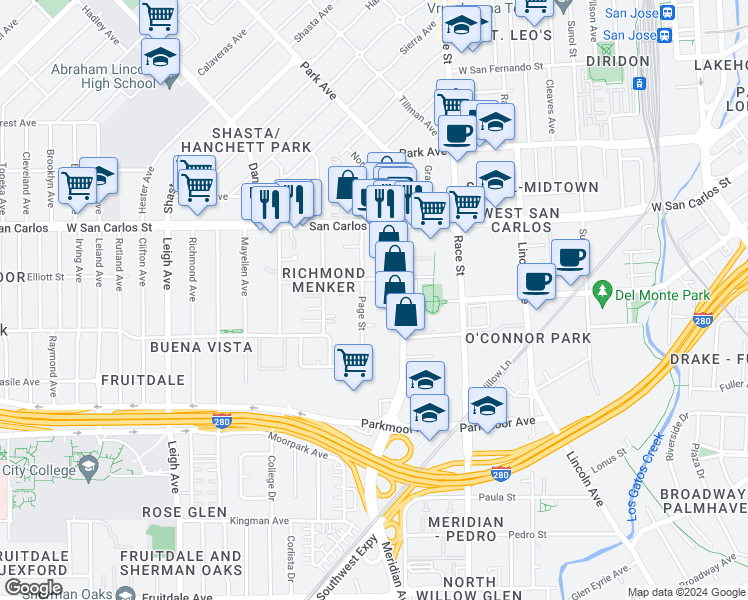 map of restaurants, bars, coffee shops, grocery stores, and more near 1452 Douglas Street in San Jose